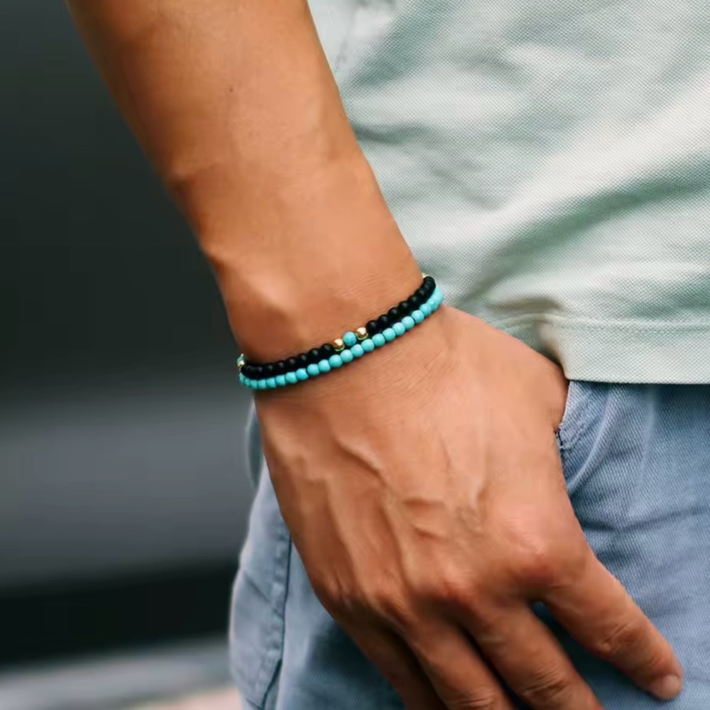 Men’s Turquoise and Black Beaded Bracelet set